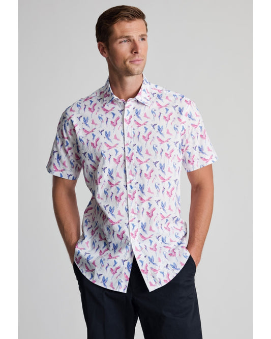 Pink Bird Print Short Sleeve Shirt
