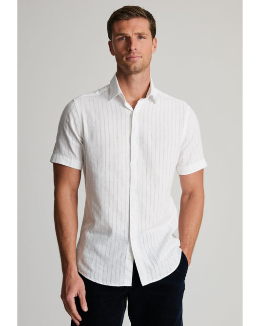White Leno Stripe Short Sleeve Shirt
