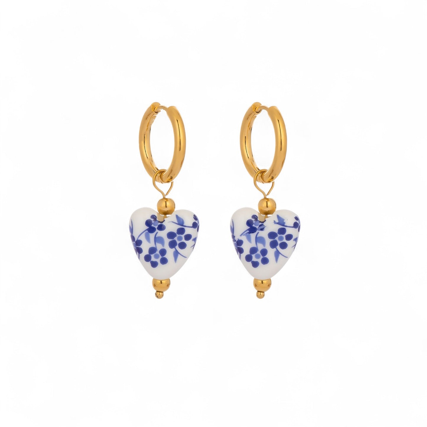 Porcelain Flower Print Heart Earrings