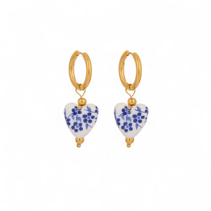 Porcelain Flower Print Heart Earrings