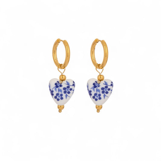 Porcelain Flower Print Heart Earrings