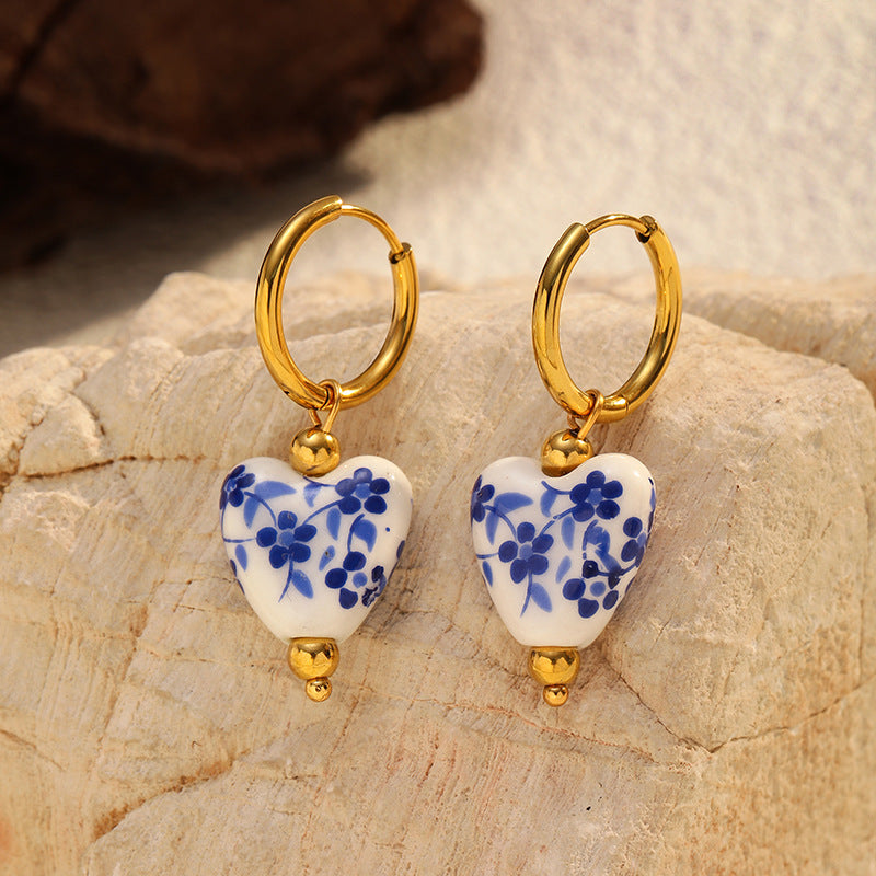 Porcelain Flower Print Heart Earrings