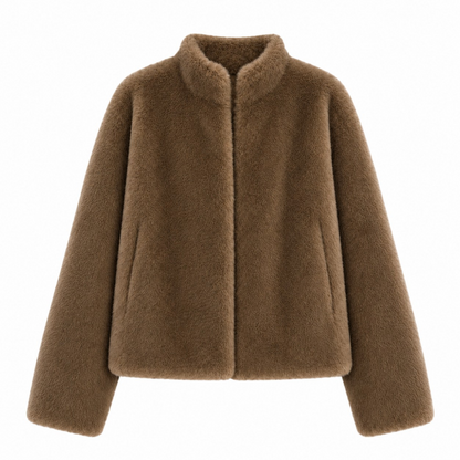 Collared faux fur coat in milk chocolate - Small