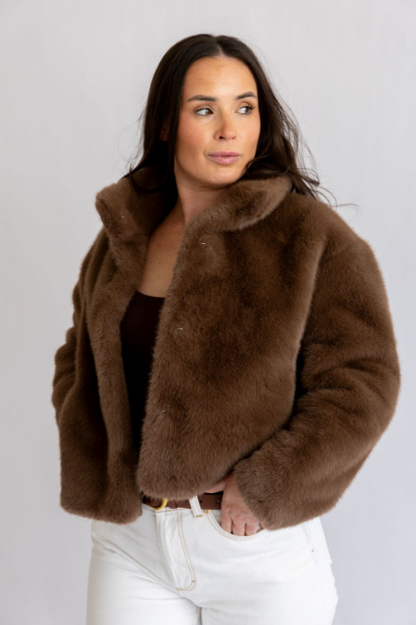 Collared faux fur coat in milk chocolate - Small