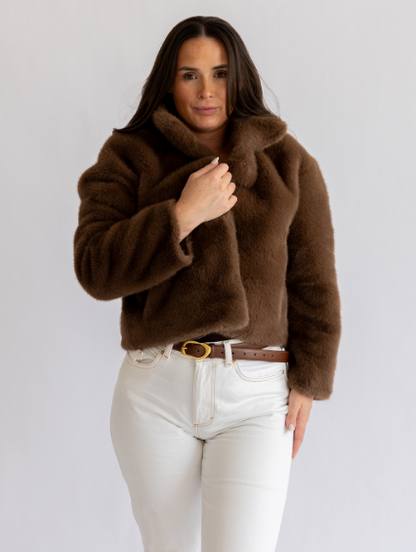 Collared faux fur coat in milk chocolate - Small