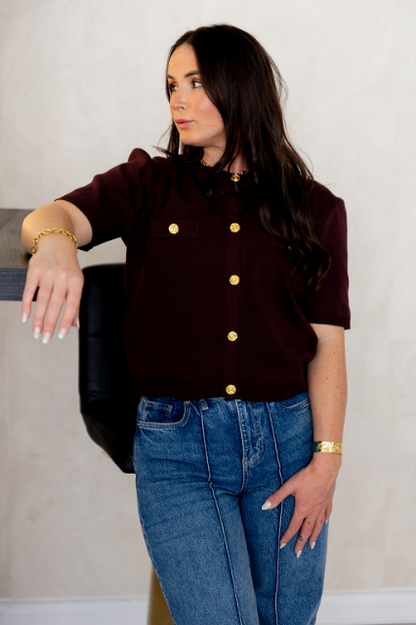 Boxy T-shirt cardigan in chocolate - Medium