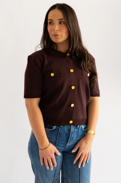 Boxy T-shirt cardigan in chocolate - Medium