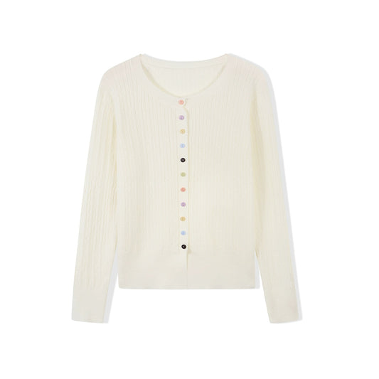 Fine Cable Knit Cardigan with Multi Button in White