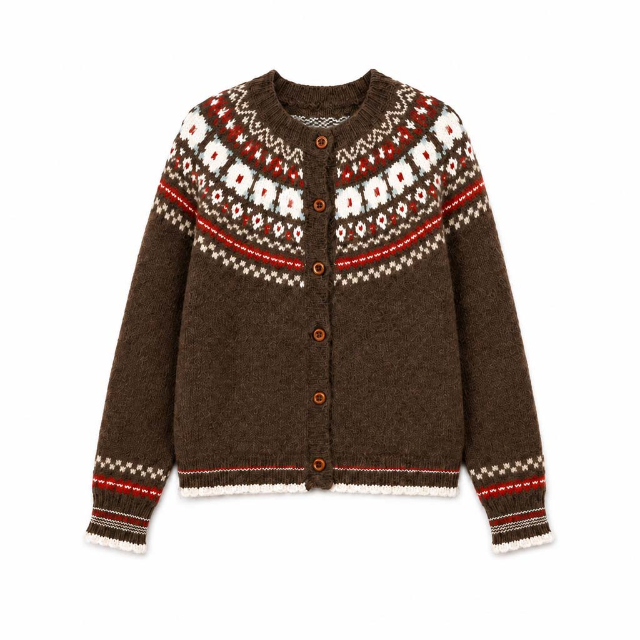 Fair isle cardigan in brown & red