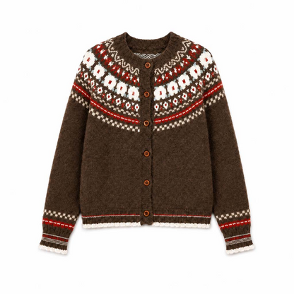Fair isle cardigan in brown & red