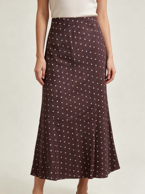 Satin slip skirt in brown polka dot - Large