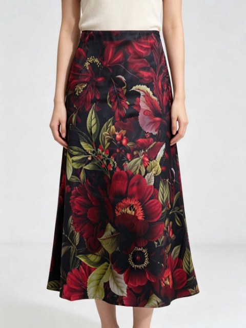 Satin slip skirt in wine floral print - Large