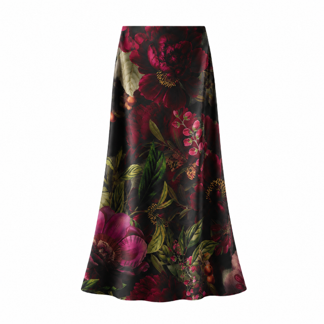 Satin slip skirt in wine floral print - Large