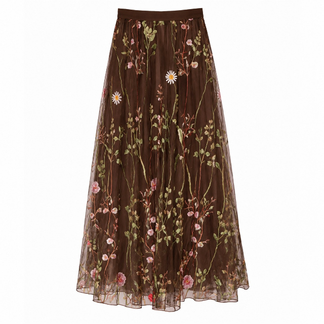 Embroidered meadow tulle skirt in bitter chocolate - Medium