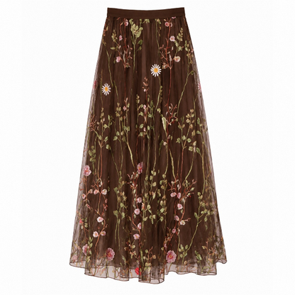 Embroidered meadow tulle skirt in bitter chocolate - Small