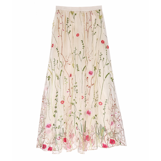 Embroidered Meadow Tulle Skirt in Cream - Small