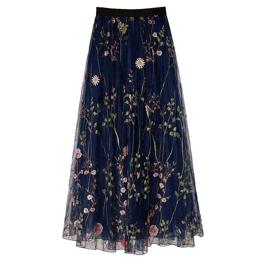 Embroidered Meadow Tulle Skirt in Navy - Medium