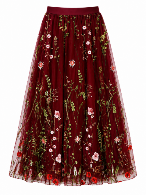 Embroidered meadow tulle skirt in deep red - Small