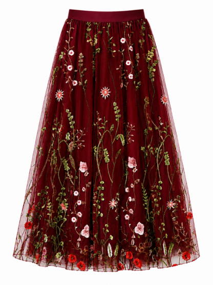 Embroidered meadow tulle skirt in deep red - Small