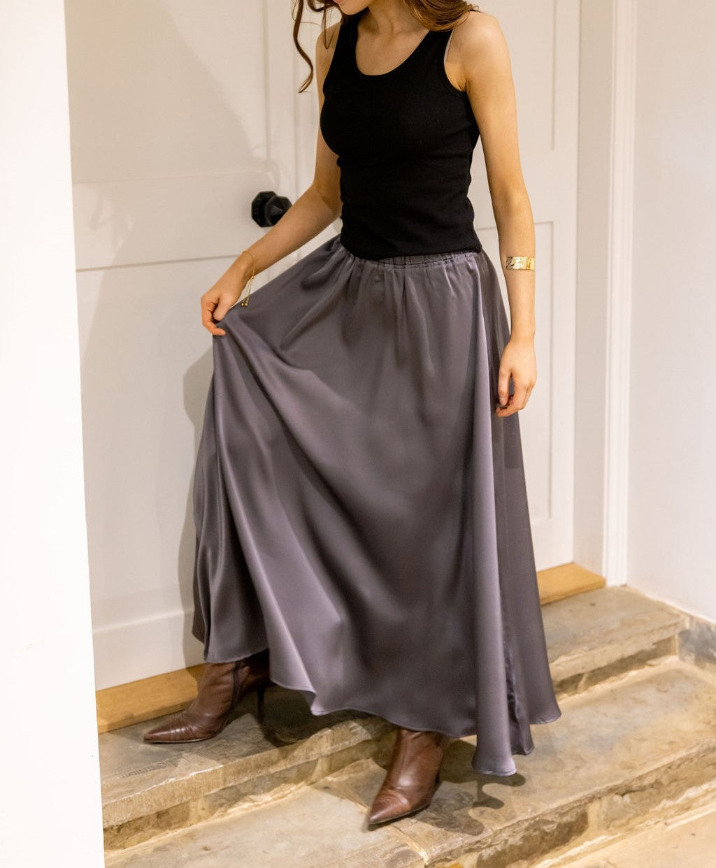 Long Length Full Satin Skirt in Grey