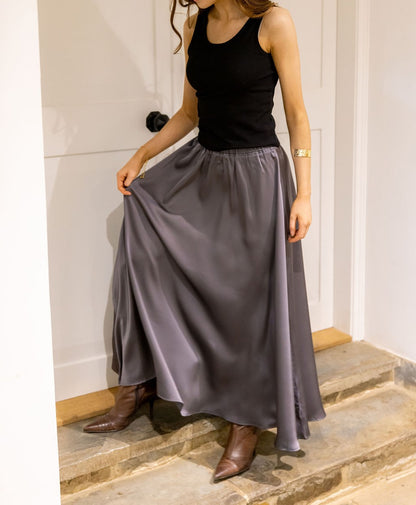 Long Length Full Satin Skirt in Grey