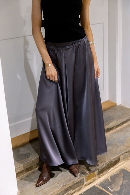 Long Length Full Satin Skirt in Grey