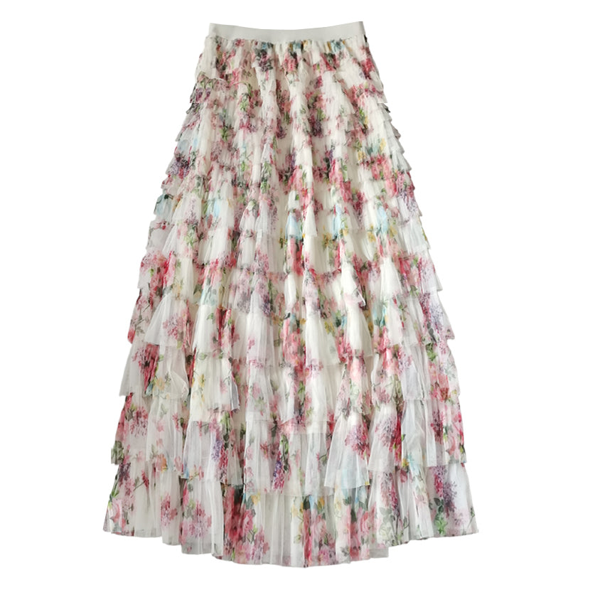 Tiered Ruffle Skirt in Cream Floral Print - Medium