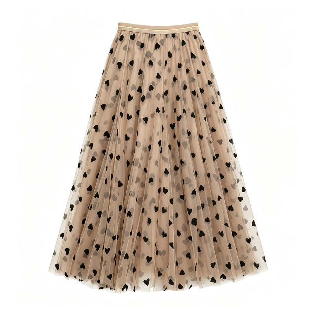 Tulle layer skirt in cream with heart flocking - Large