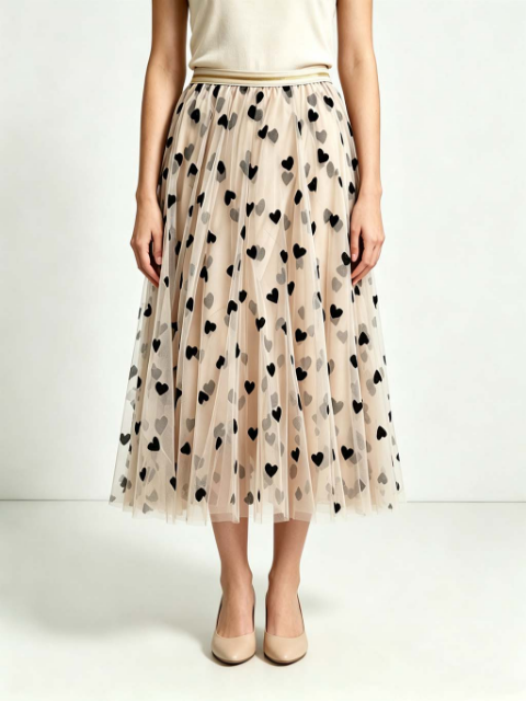 Tulle layer skirt in cream with heart flocking - Large