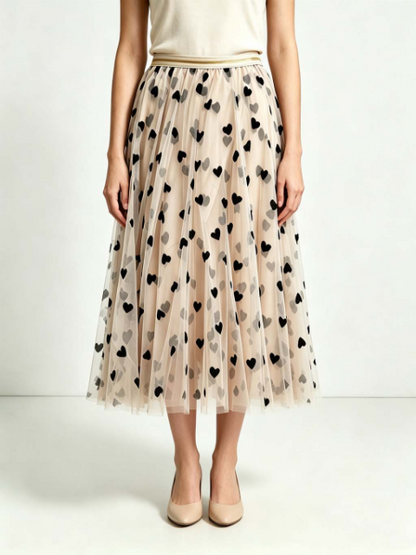 Tulle layer skirt in cream with heart flocking - Small