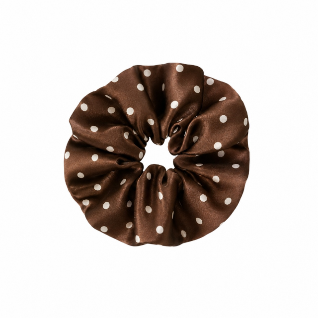 Extra large silky scrunchie in brown polka dot