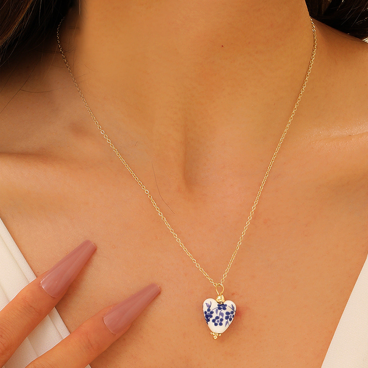 Porcelain Floral Print Heart Necklace