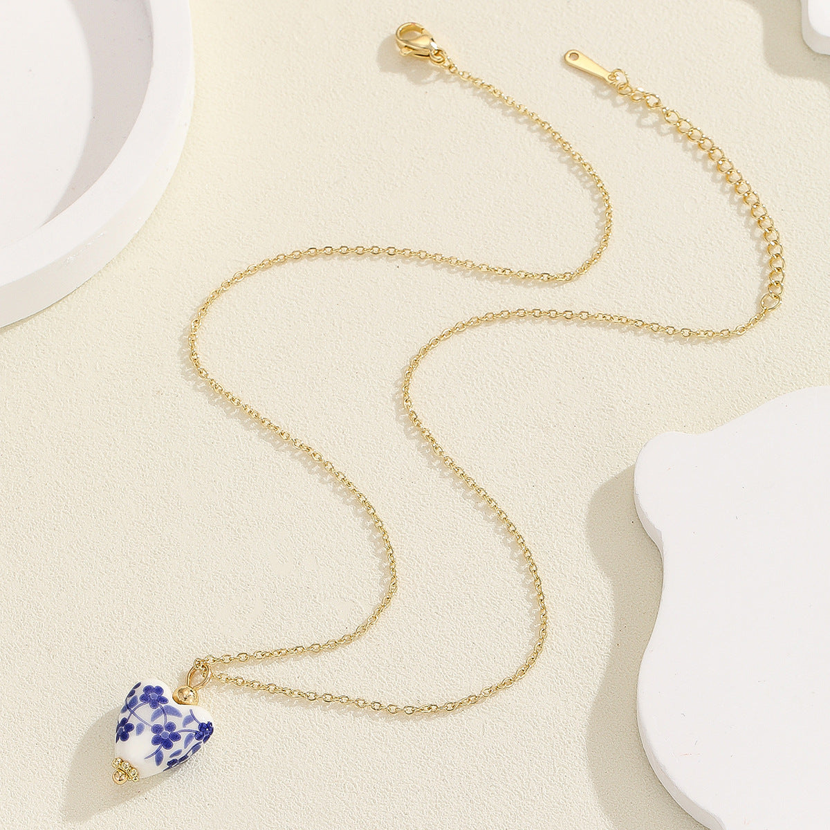 Porcelain Floral Print Heart Necklace