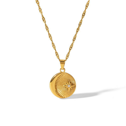 Star & moon disc necklace with twist chain in gold