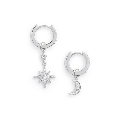 Celestial Silver Moon & Star Huggie Hoops