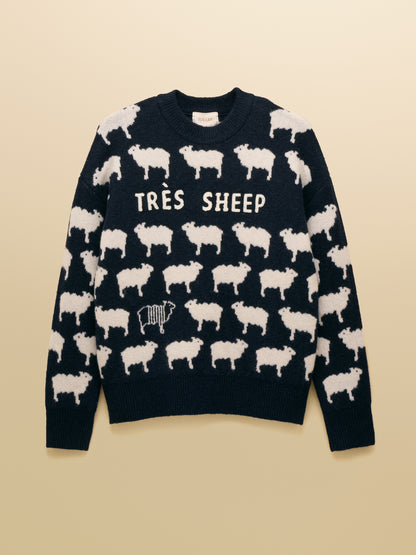 Intarsia Knitted Tres Sheep Relaxed Fit Jumper with Crew Neck