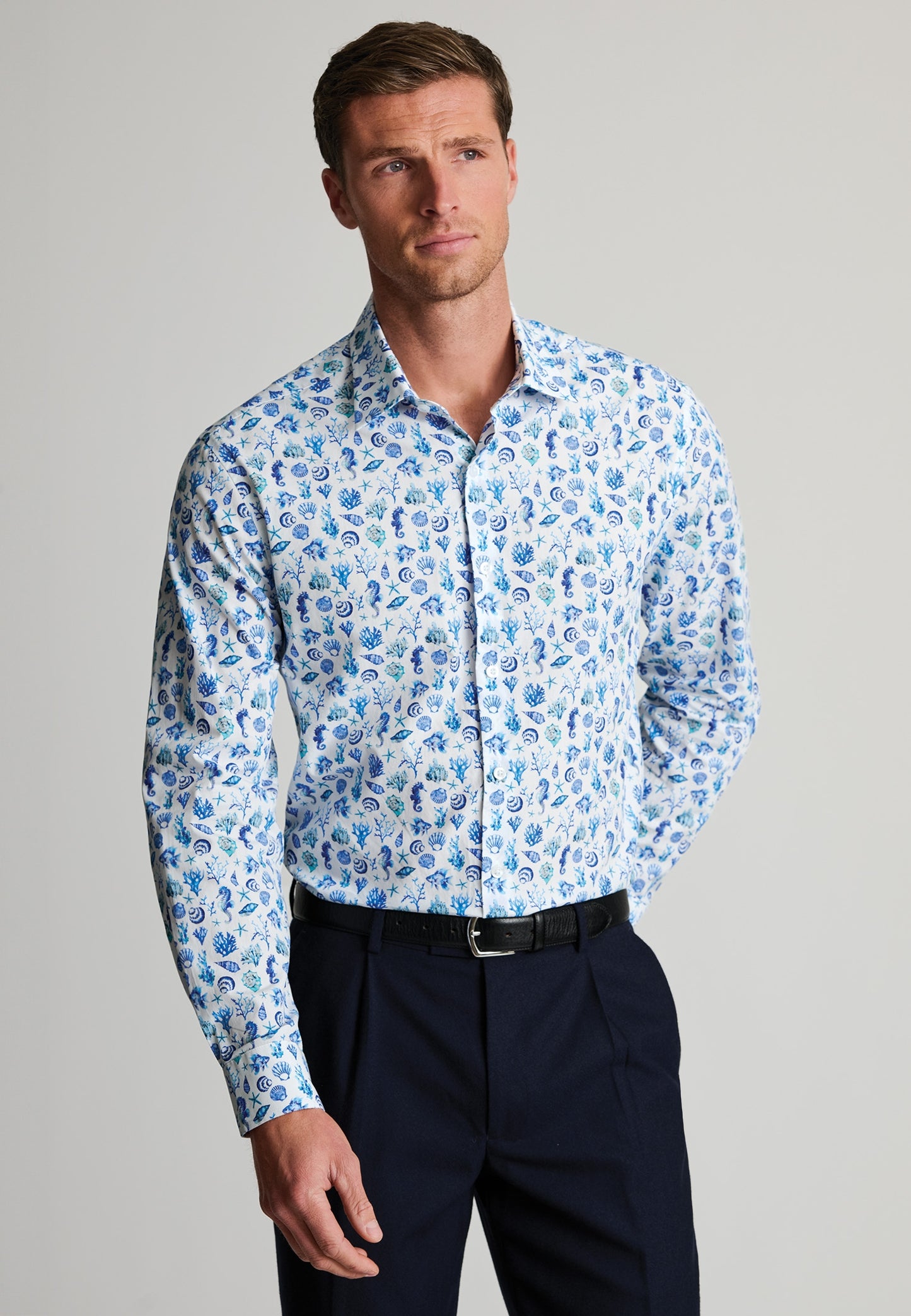Regular Fit Blue Sealife Print Cotton Shirt