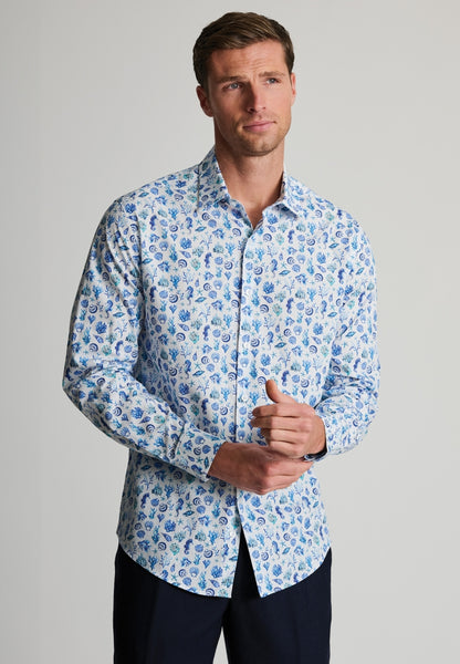 Regular Fit Blue Sealife Print Cotton Shirt