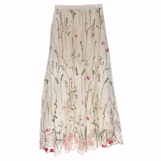 Embroidered Meadow Tulle Skirt in Cream - Medium