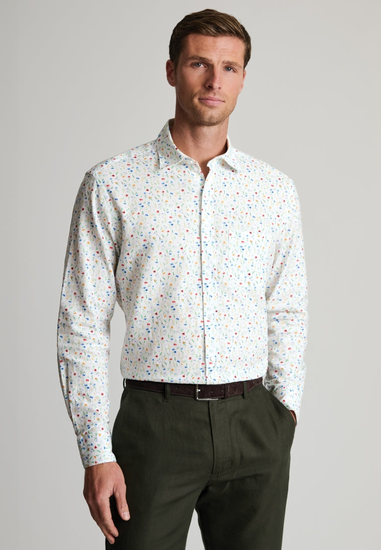 Regular Fit Multicoloured Ditsy Floral Watercolour Linen Cotton Shirt