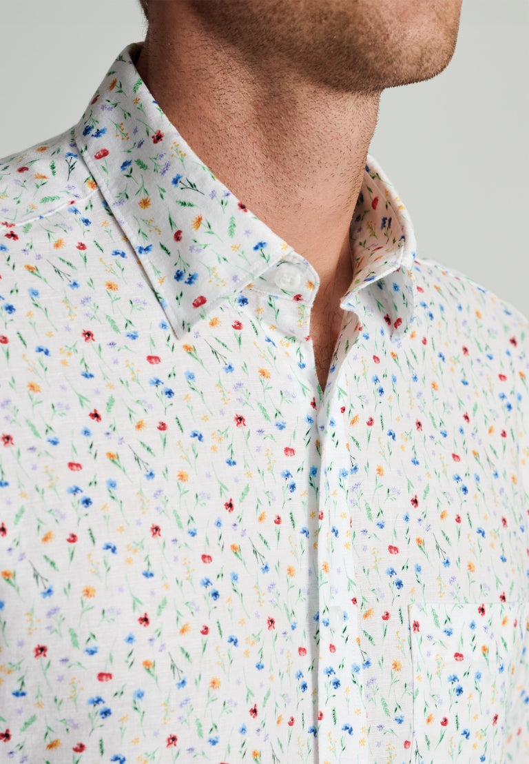 Regular Fit Multicoloured Ditsy Floral Watercolour Linen Cotton Shirt