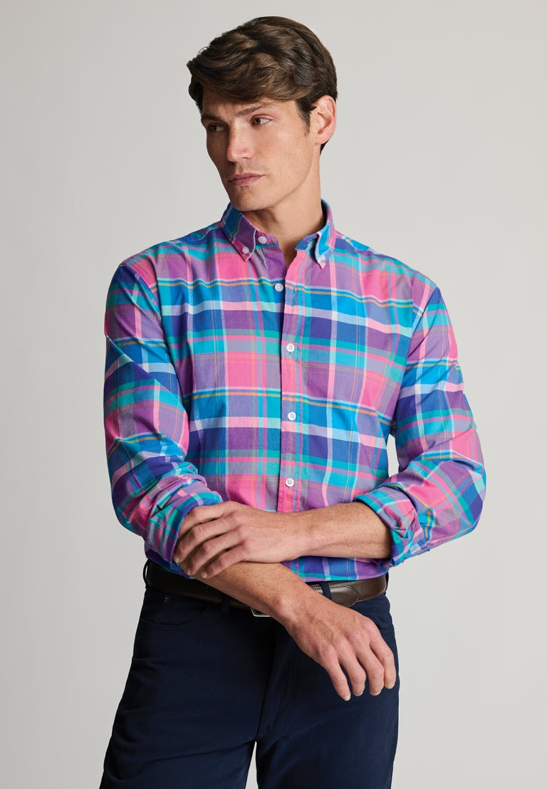 Regular Fit Magenta Madras Check Cotton Oxford Shirt