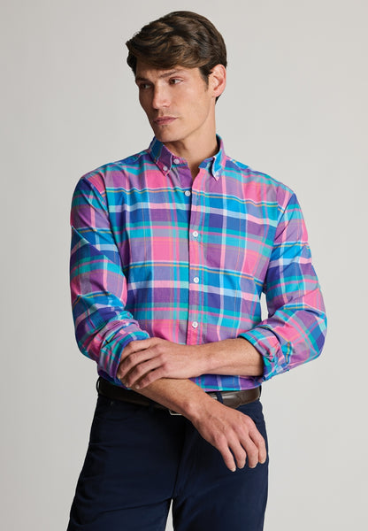 Regular Fit Magenta Madras Check Cotton Oxford Shirt