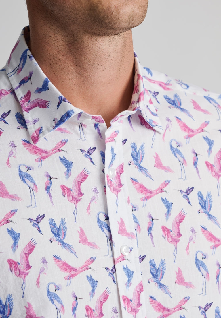 Pink Bird Print Short Sleeve Shirt