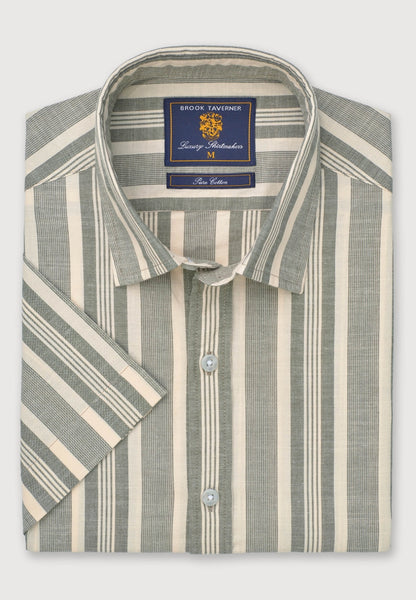 Khaki Slub Stripe Short Sleeve Shirt