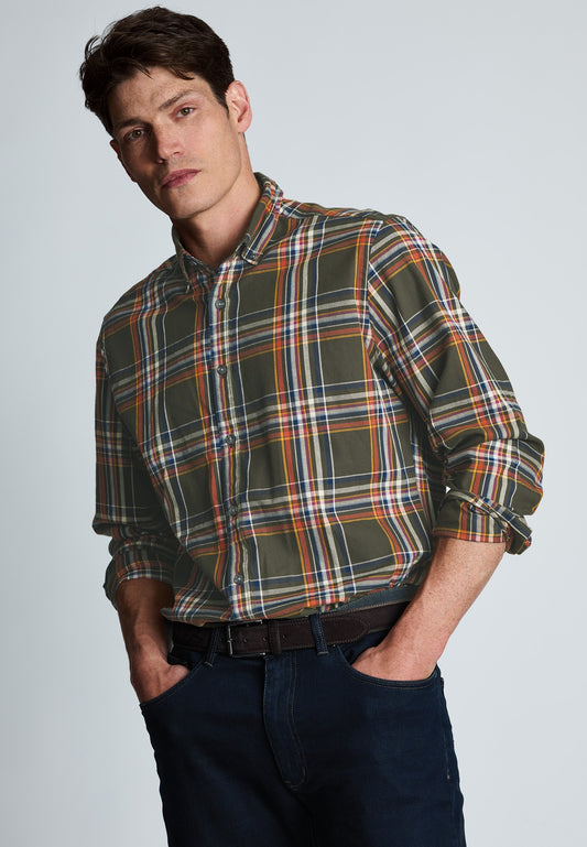 Regular Fit Khaki Large Plaid Cotton Shirt