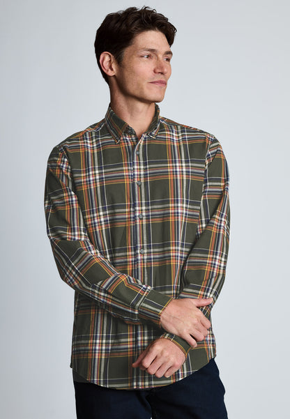 Regular Fit Khaki Large Plaid Cotton Shirt