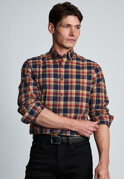 Regular Fit Navy and Red Small Plaid Herringbone Cotton Shirt