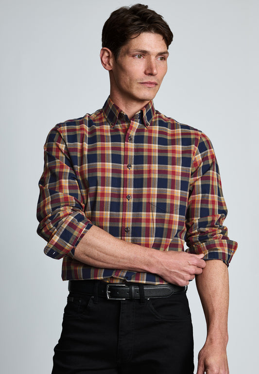 Regular Fit Navy and Red Small Plaid Herringbone Cotton Shirt