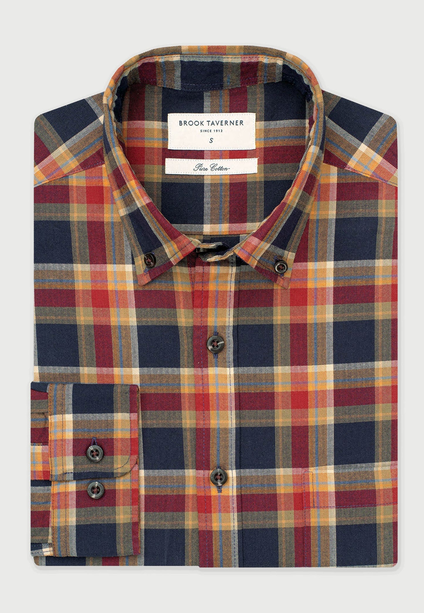 Regular Fit Navy and Red Small Plaid Herringbone Cotton Shirt